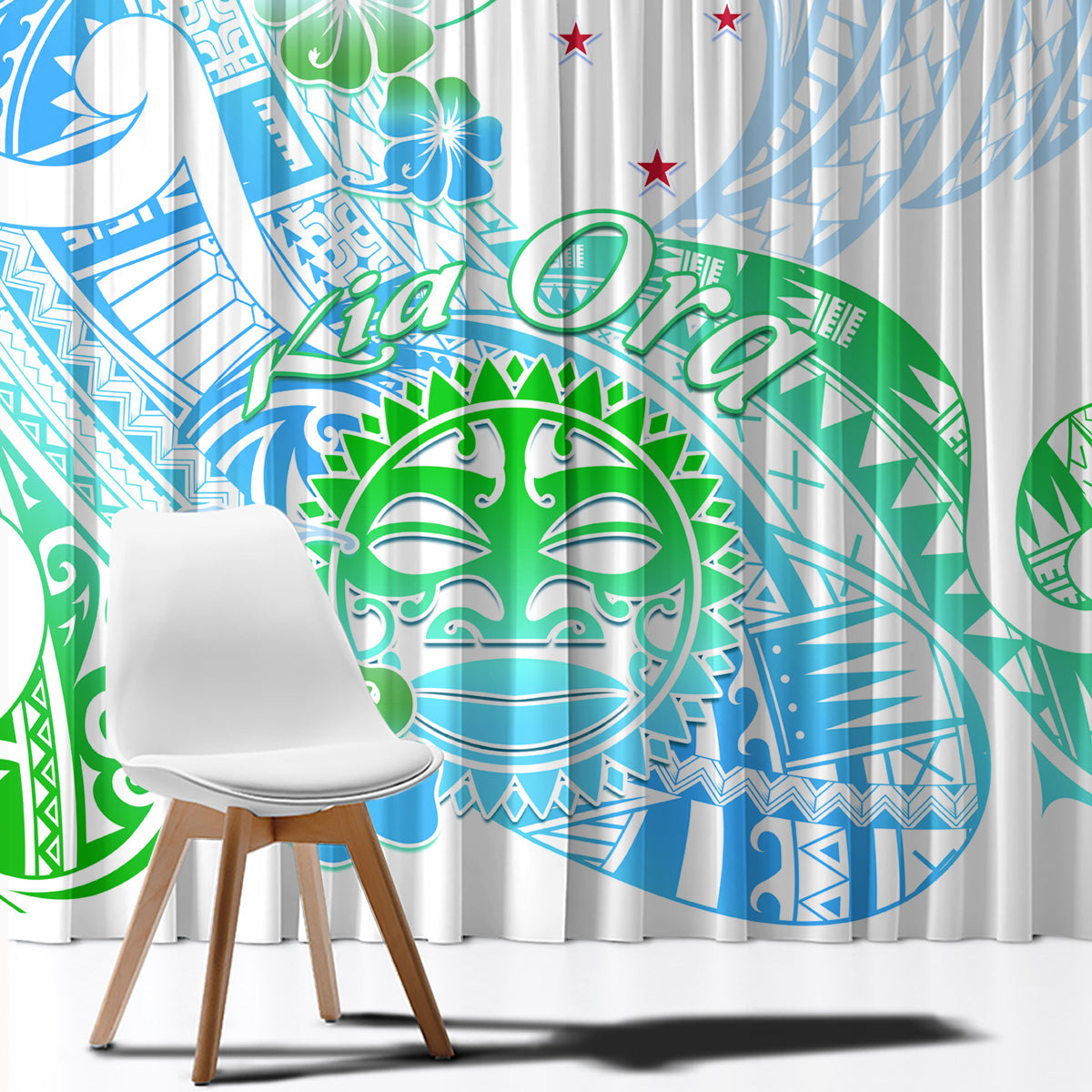 Kia Ora Maori New Zealand Pastel Window Curtain Sun Ta Moko Aqua Green Version LT01 - Polynesian Pride