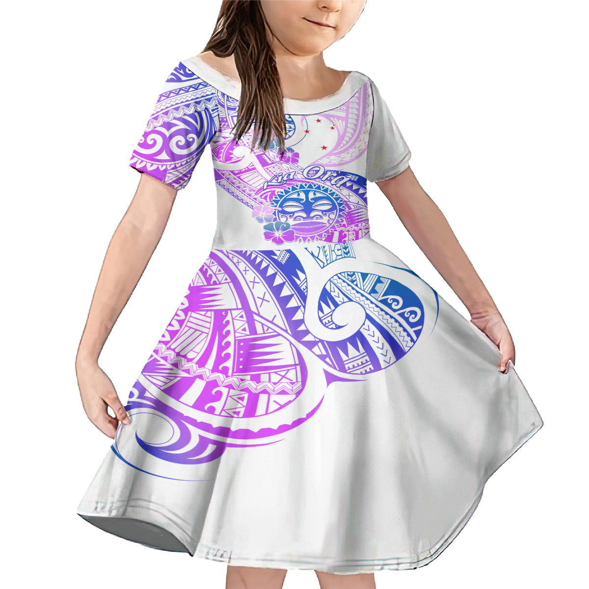 Kia Ora Maori New Zealand Pastel Family Matching Mermaid Dress and Hawaiian Shirt Sun Ta Moko Lilac Version LT01 Daughter's Dress Purple - Polynesian Pride