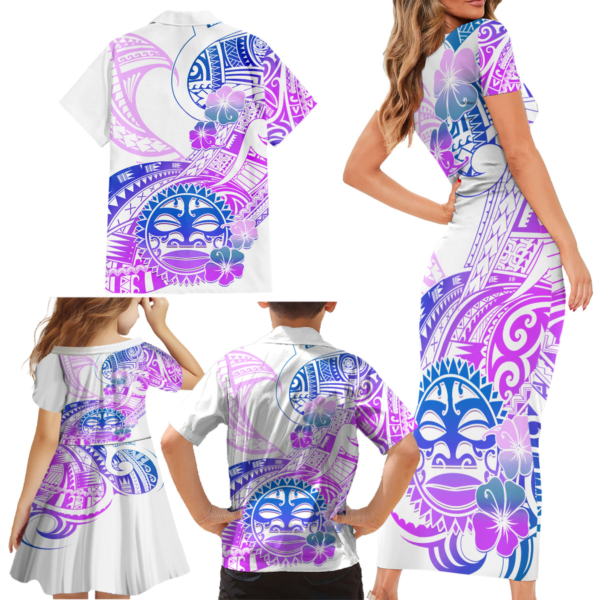 Kia Ora Maori New Zealand Pastel Family Matching Short Sleeve Bodycon Dress and Hawaiian Shirt Sun Ta Moko Lilac Version LT01 - Polynesian Pride