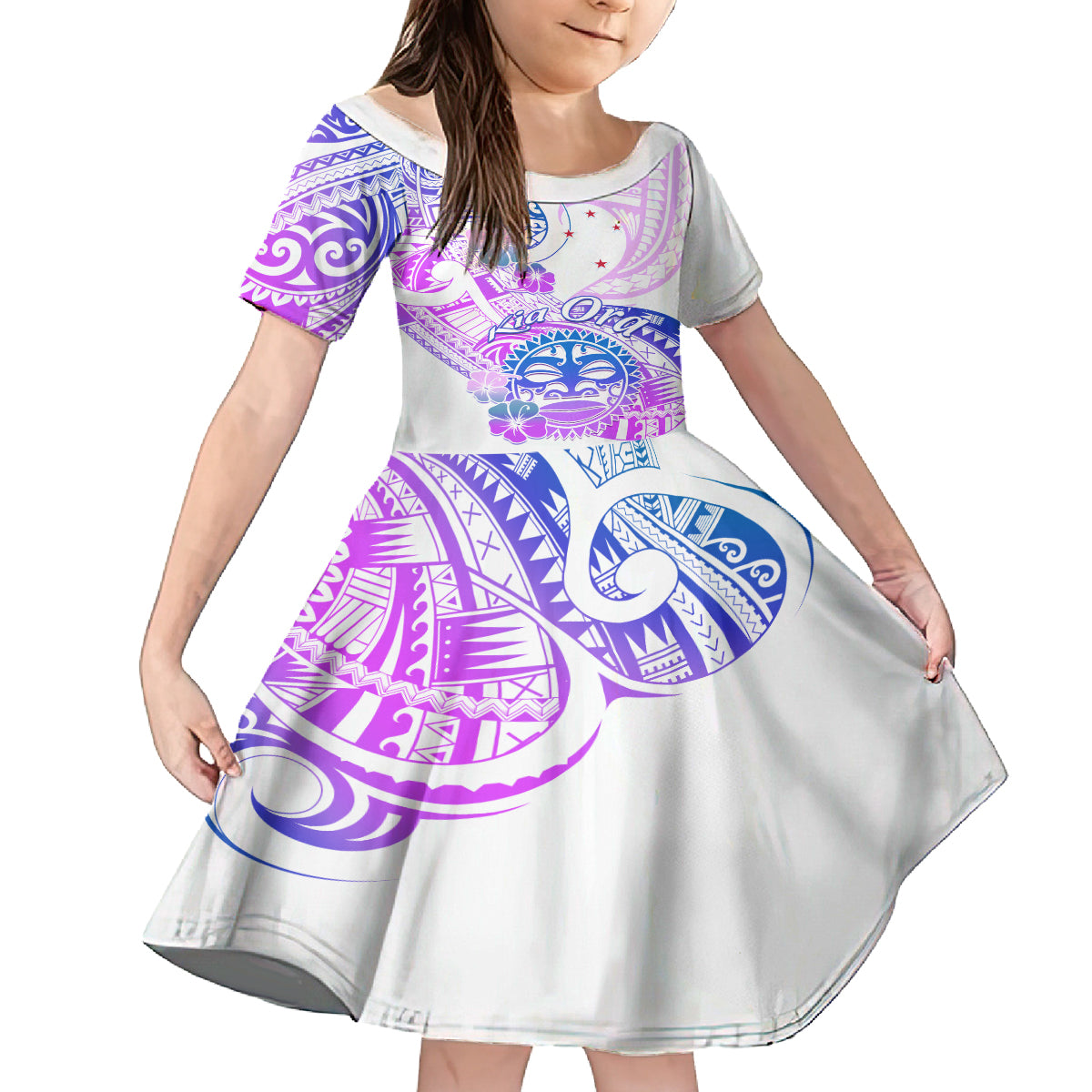 Kia Ora Maori New Zealand Pastel Family Matching Tank Maxi Dress and Hawaiian Shirt Sun Ta Moko Lilac Version LT01 Daughter's Dress Purple - Polynesian Pride