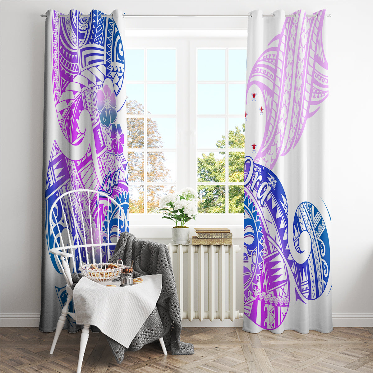 Kia Ora Maori New Zealand Pastel Window Curtain Sun Ta Moko Lilac Version LT01 - Polynesian Pride