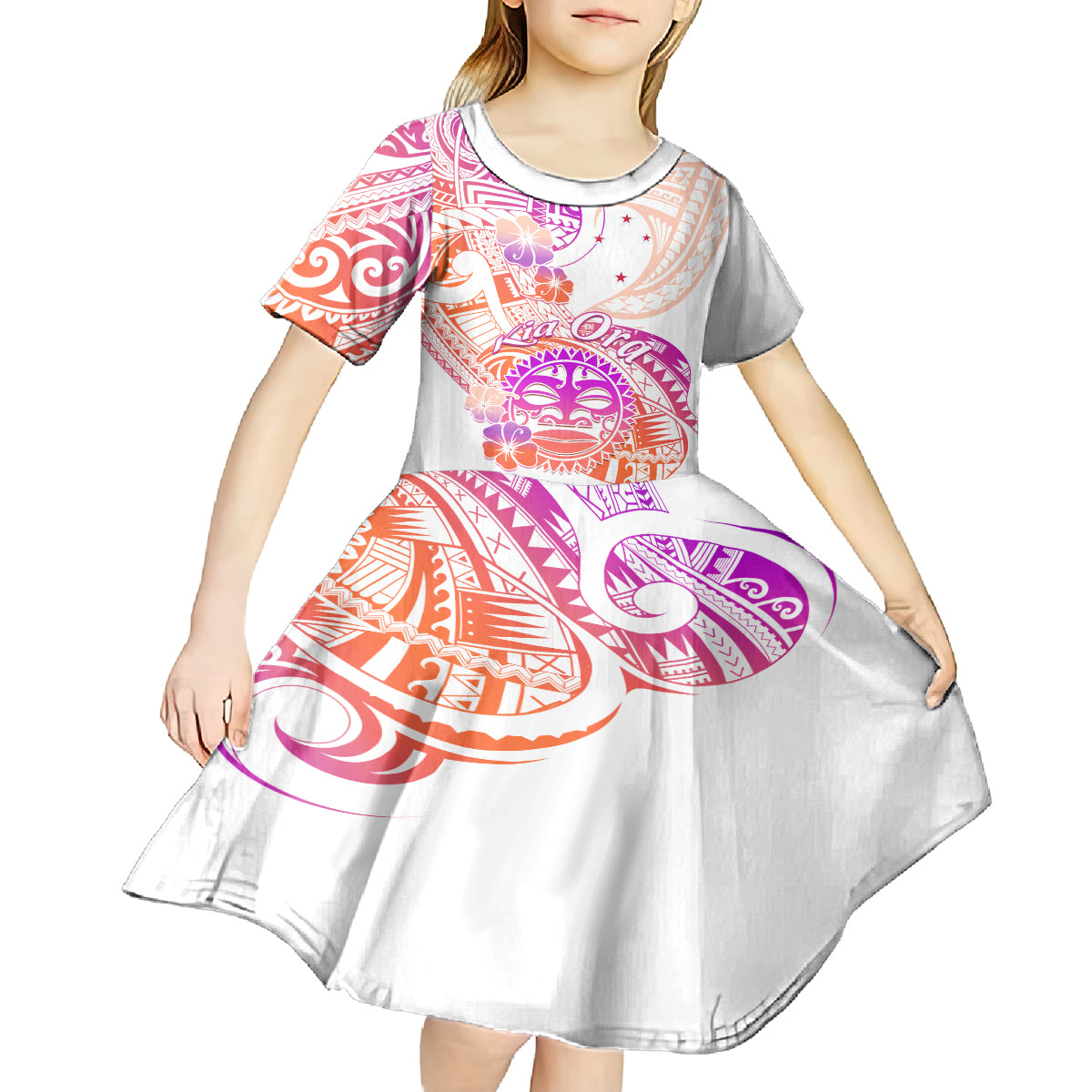 Kia Ora Maori New Zealand Pastel Kid Short Sleeve Dress Sun Ta Moko Sunset Version LT01 - Polynesian Pride