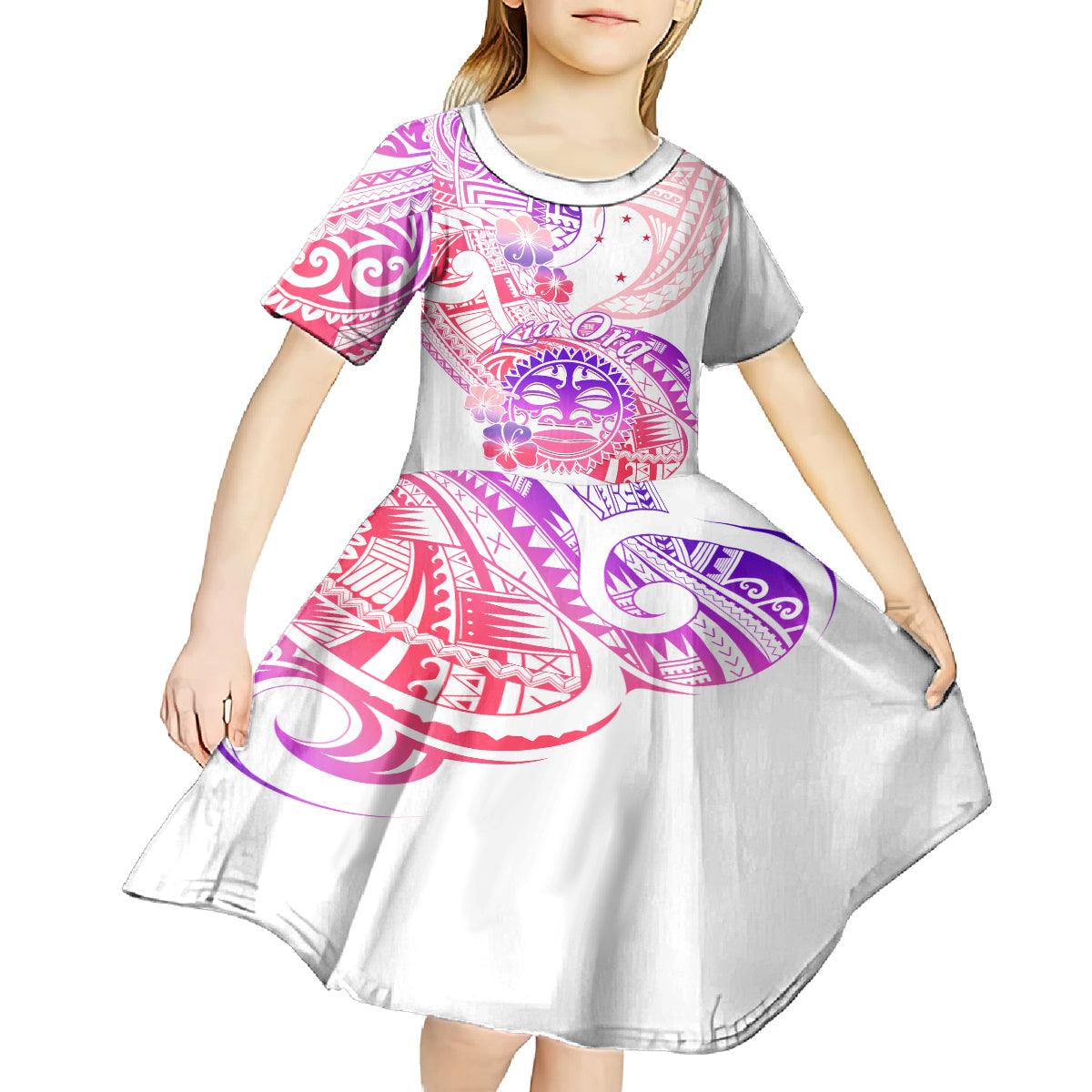 Kia Ora Maori New Zealand Pastel Kid Short Sleeve Dress Sun Ta Moko Sweet Version LT01 - Polynesian Pride