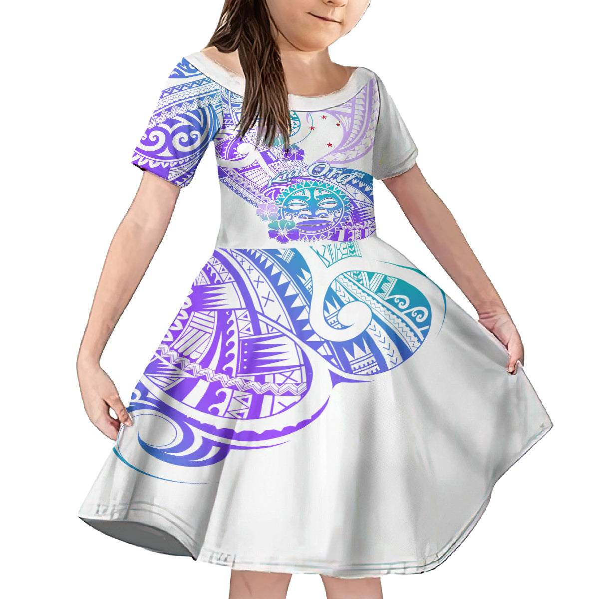 Kia Ora Maori New Zealand Pastel Family Matching Long Sleeve Bodycon Dress and Hawaiian Shirt Sun Ta Moko Violet Version LT01 Daughter's Dress Purple - Polynesian Pride
