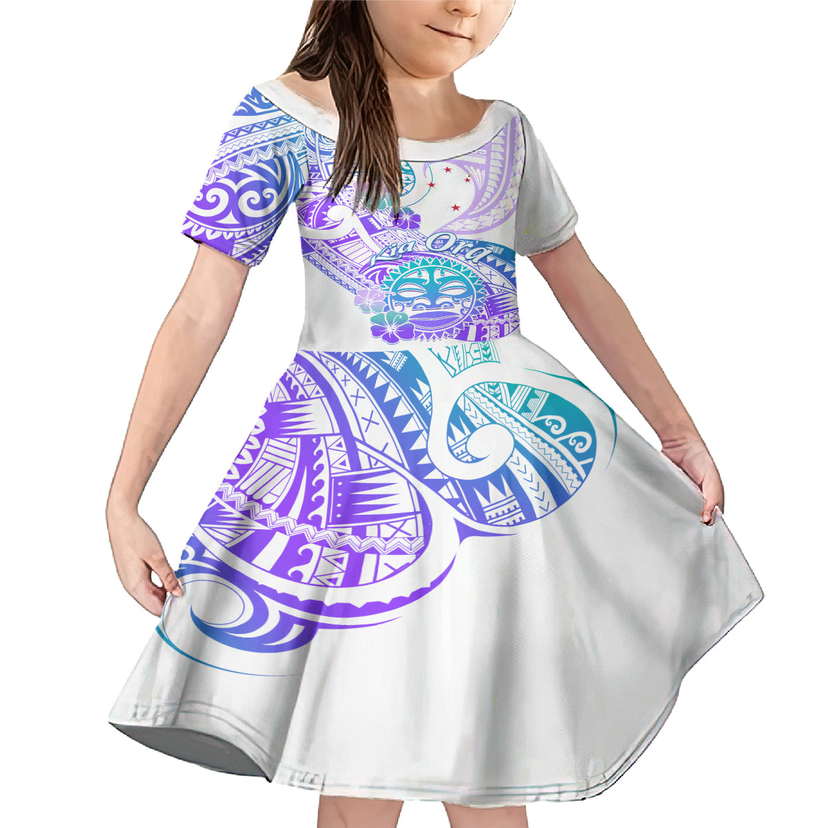 Kia Ora Maori New Zealand Pastel Family Matching Mermaid Dress and Hawaiian Shirt Sun Ta Moko Violet Version LT01 Daughter's Dress Purple - Polynesian Pride