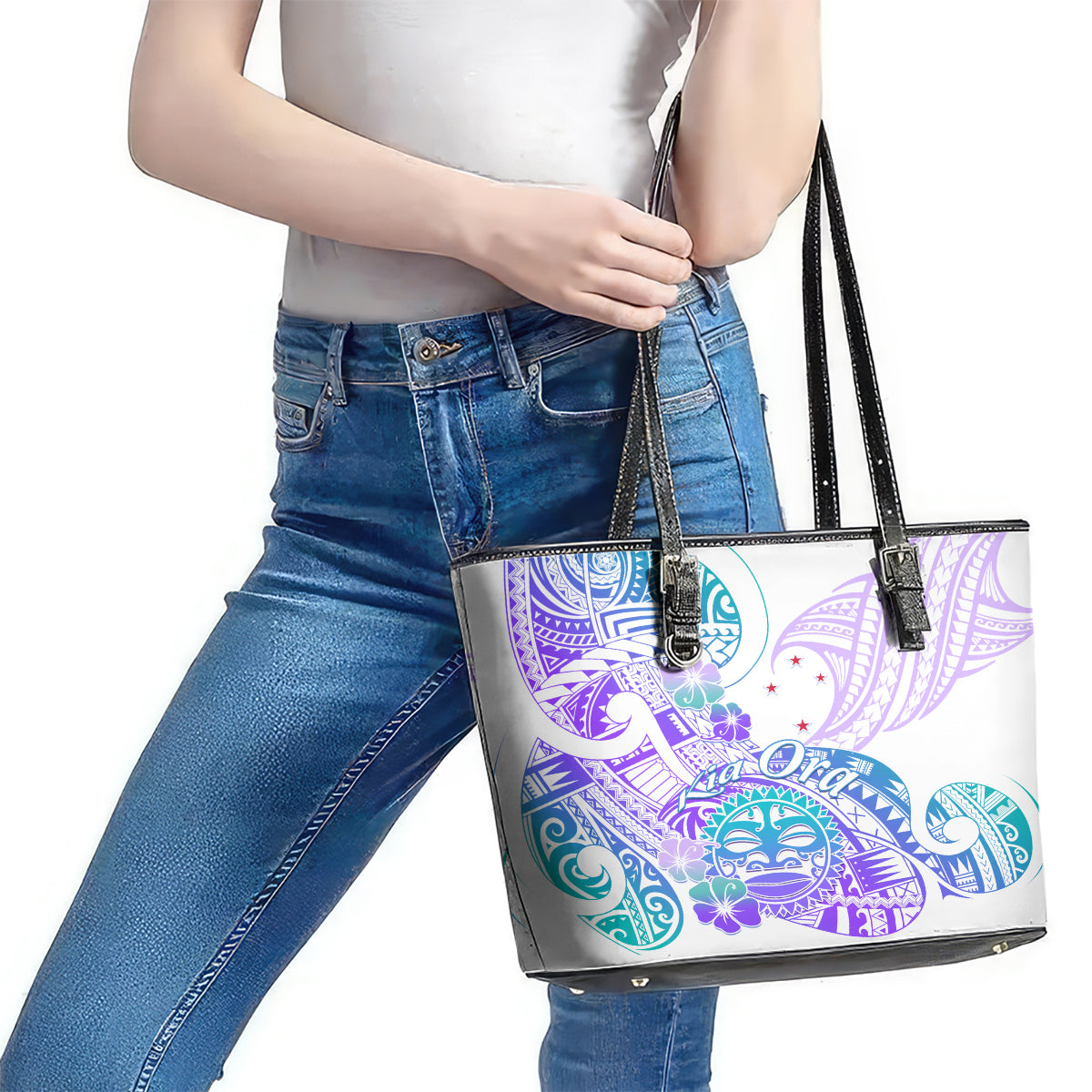 Kia Ora Maori New Zealand Pastel Leather Tote Bag Sun Ta Moko Violet Version LT01 - Polynesian Pride