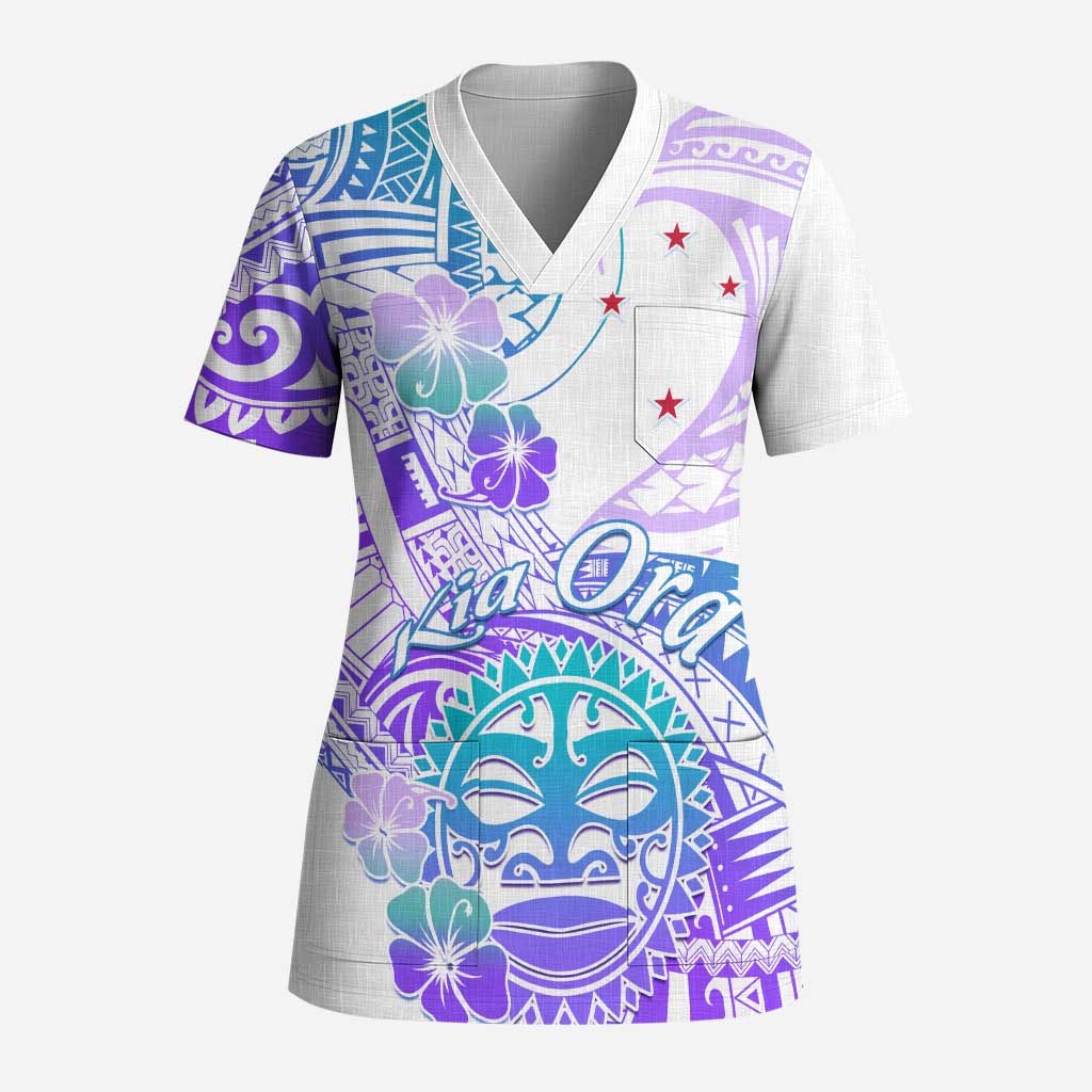 Kia Ora Maori New Zealand Pastel Scrub Top Sun Ta Moko Violet Version - Polynesian Pride