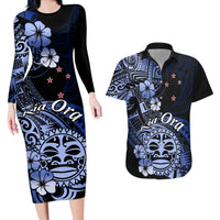 Aotearoa Kia Ora New Zealand Ta Moko Blue Version Couples Matching Long Sleeve Bodycon Dress and Hawaiian Shirt LT01 Blue - Polynesian Pride