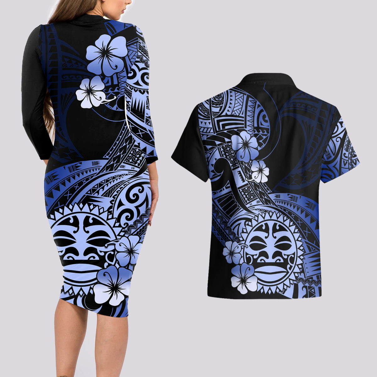 Aotearoa Kia Ora New Zealand Ta Moko Blue Version Couples Matching Long Sleeve Bodycon Dress and Hawaiian Shirt LT01 - Polynesian Pride