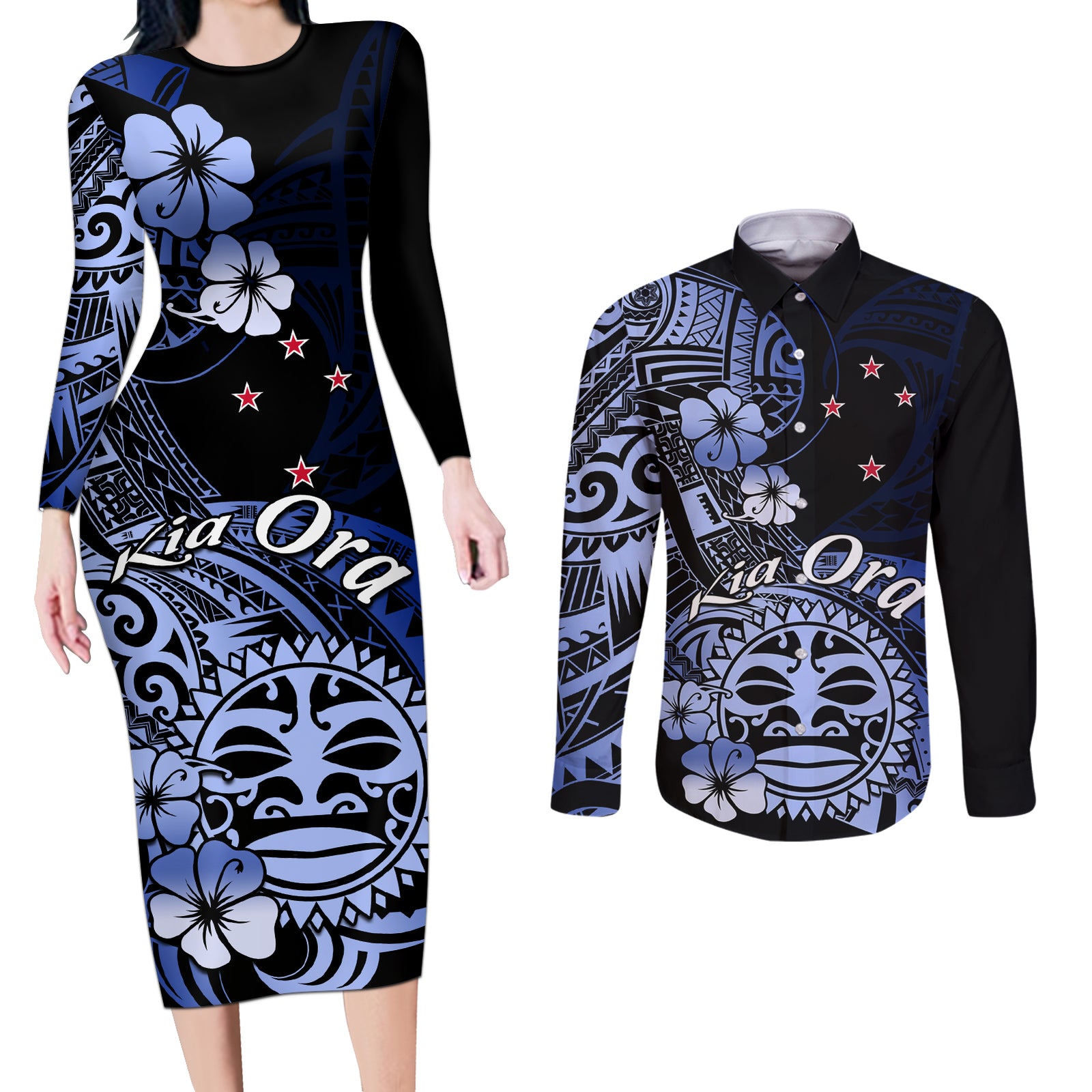 Aotearoa Kia Ora New Zealand Ta Moko Blue Version Couples Matching Long Sleeve Bodycon Dress and Long Sleeve Button Shirt LT01 Blue - Polynesian Pride