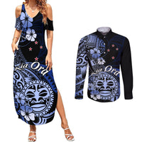 Aotearoa Kia Ora New Zealand Ta Moko Blue Version Couples Matching Summer Maxi Dress and Long Sleeve Button Shirt LT01 Blue - Polynesian Pride
