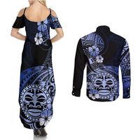 Aotearoa Kia Ora New Zealand Ta Moko Blue Version Couples Matching Summer Maxi Dress and Long Sleeve Button Shirt LT01 - Polynesian Pride