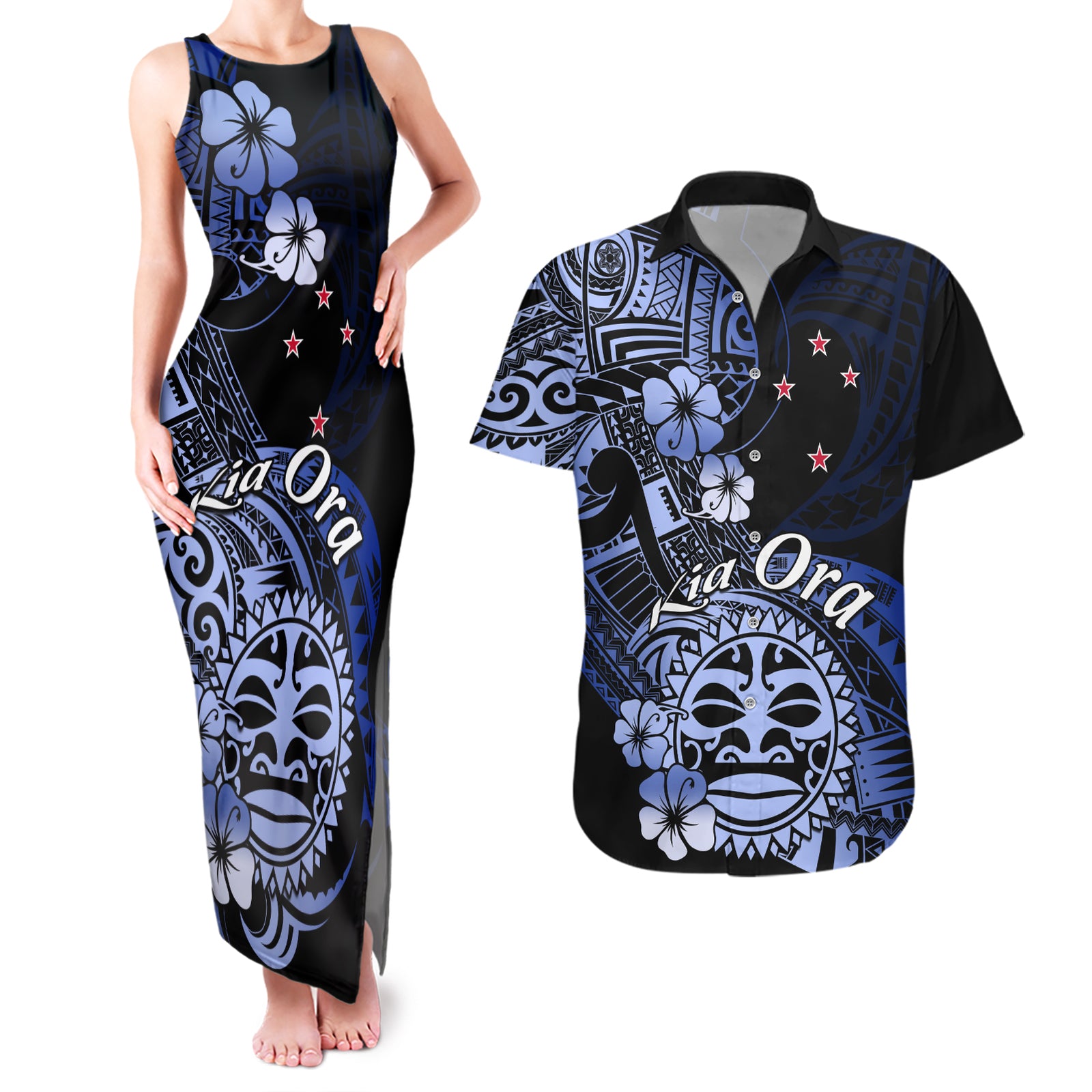 Aotearoa Kia Ora New Zealand Ta Moko Blue Version Couples Matching Tank Maxi Dress and Hawaiian Shirt LT01 Blue - Polynesian Pride