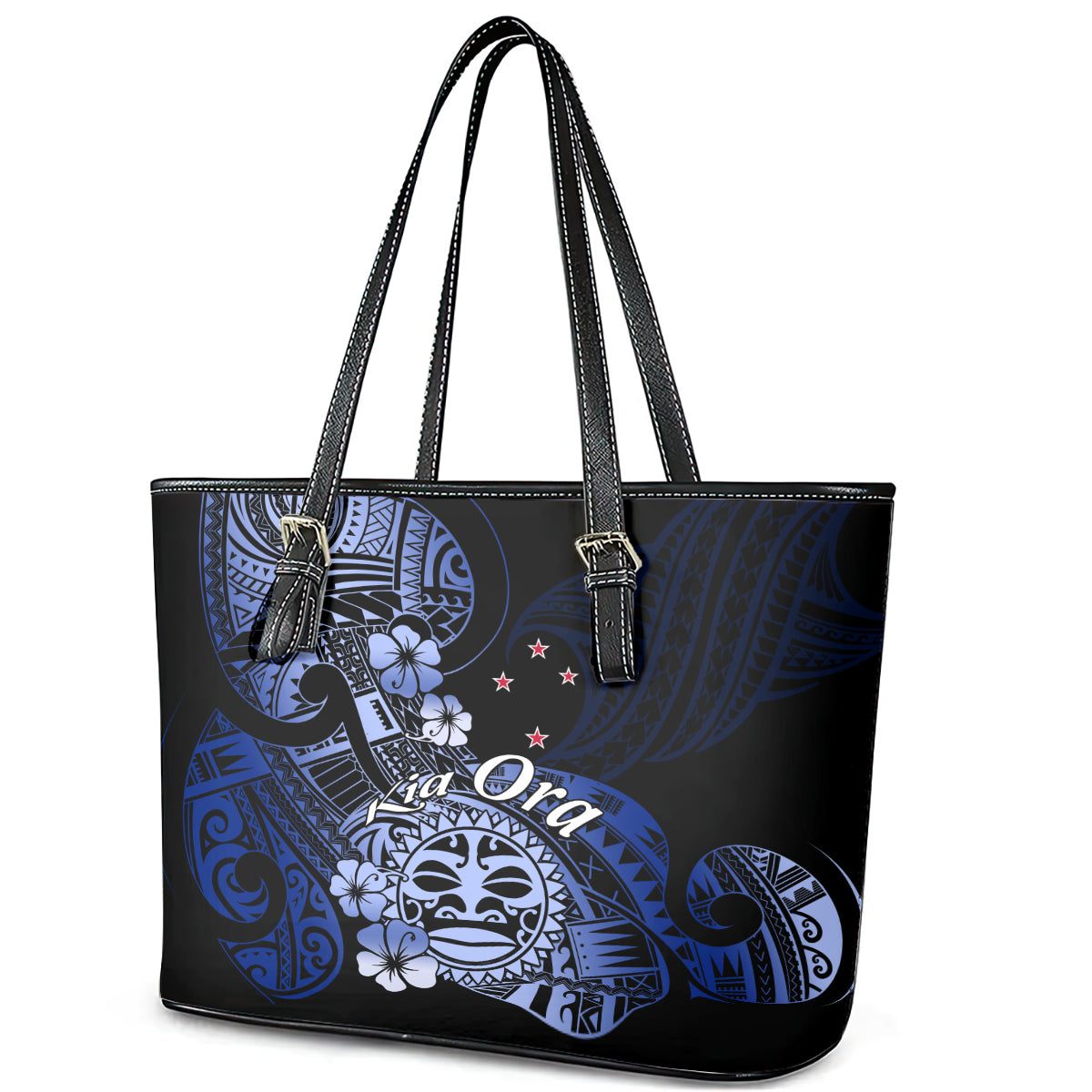 Aotearoa Kia Ora New Zealand Ta Moko Blue Version Leather Tote Bag LT01 - Polynesian Pride