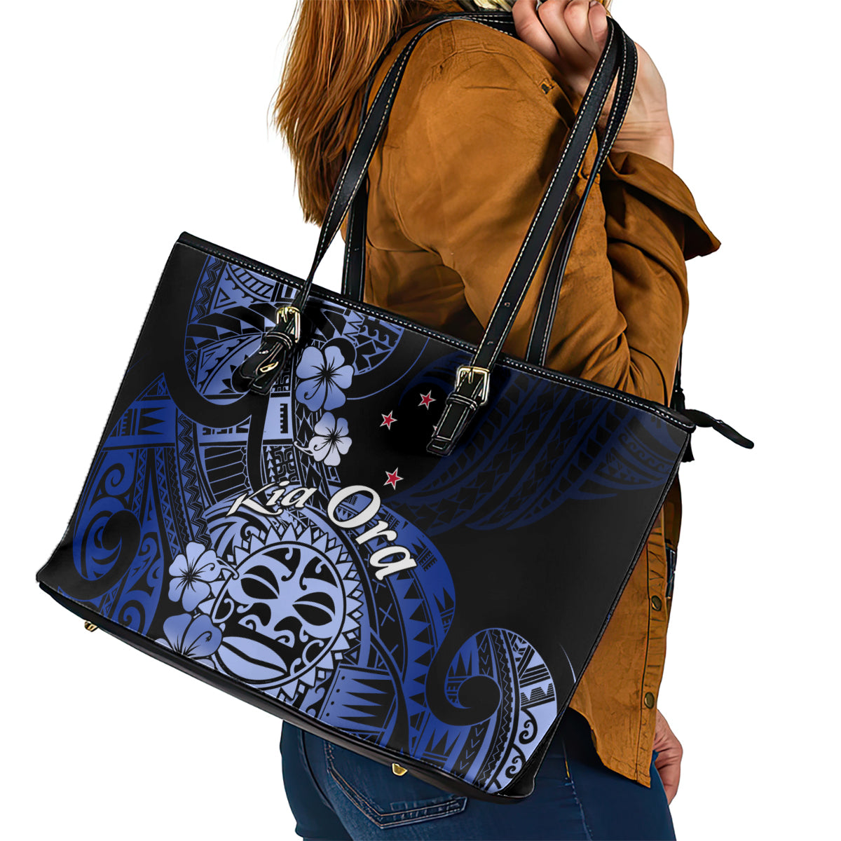 Aotearoa Kia Ora New Zealand Ta Moko Blue Version Leather Tote Bag LT01 - Polynesian Pride