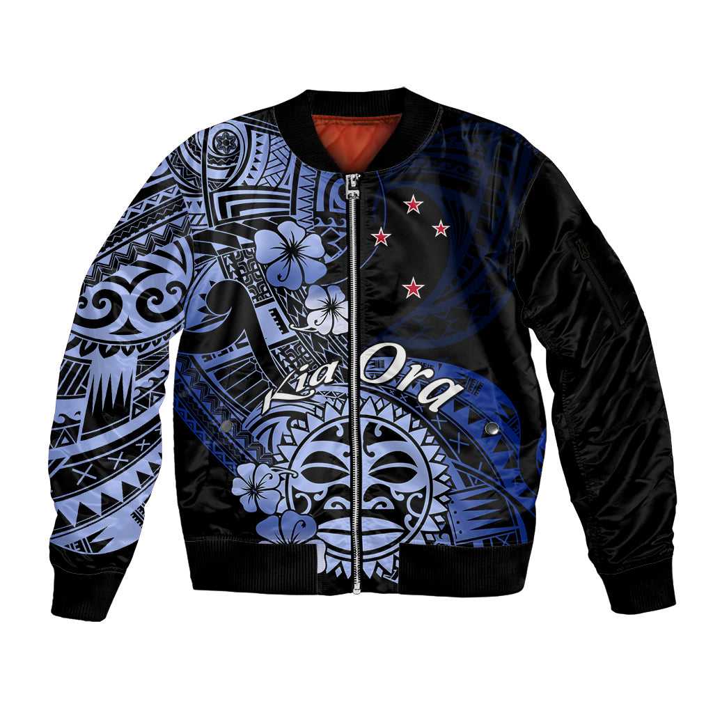 Aotearoa Kia Ora New Zealand Ta Moko Blue Version Sleeve Zip Bomber Jacket LT01 Unisex Blue - Polynesian Pride