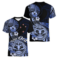 Aotearoa Kia Ora New Zealand Ta Moko Blue Version Women V Neck T Shirt LT01 - Polynesian Pride