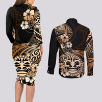 Aotearoa Kia Ora New Zealand Ta Moko Gold Version Couples Matching Long Sleeve Bodycon Dress and Long Sleeve Button Shirt LT01 - Polynesian Pride