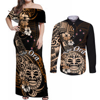 Aotearoa Kia Ora New Zealand Ta Moko Gold Version Couples Matching Off Shoulder Maxi Dress and Long Sleeve Button Shirt LT01 Gold - Polynesian Pride