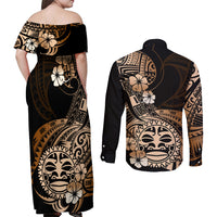 Aotearoa Kia Ora New Zealand Ta Moko Gold Version Couples Matching Off Shoulder Maxi Dress and Long Sleeve Button Shirt LT01 - Polynesian Pride