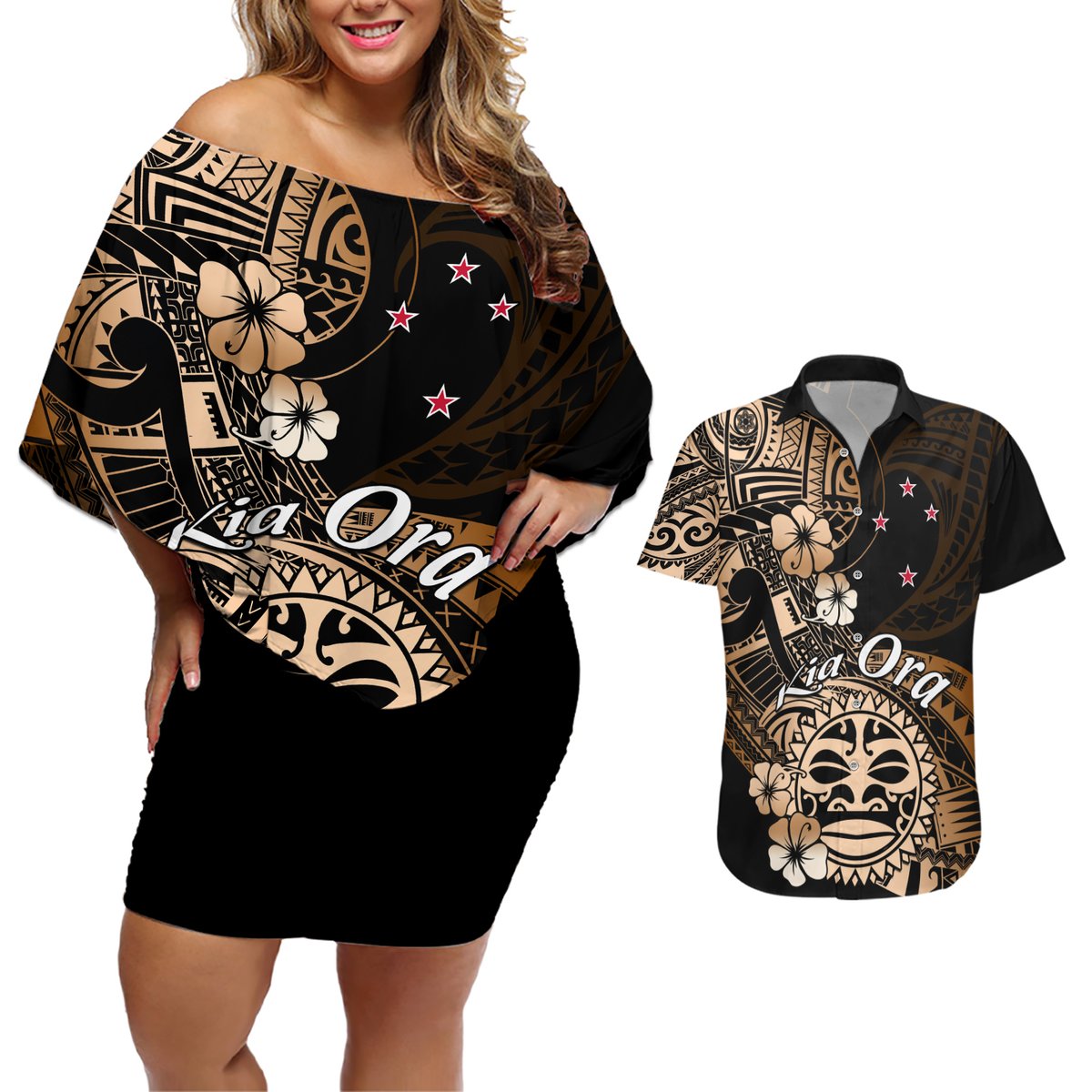 Aotearoa Kia Ora New Zealand Ta Moko Gold Version Couples Matching Off Shoulder Short Dress and Hawaiian Shirt LT01 Gold - Polynesian Pride
