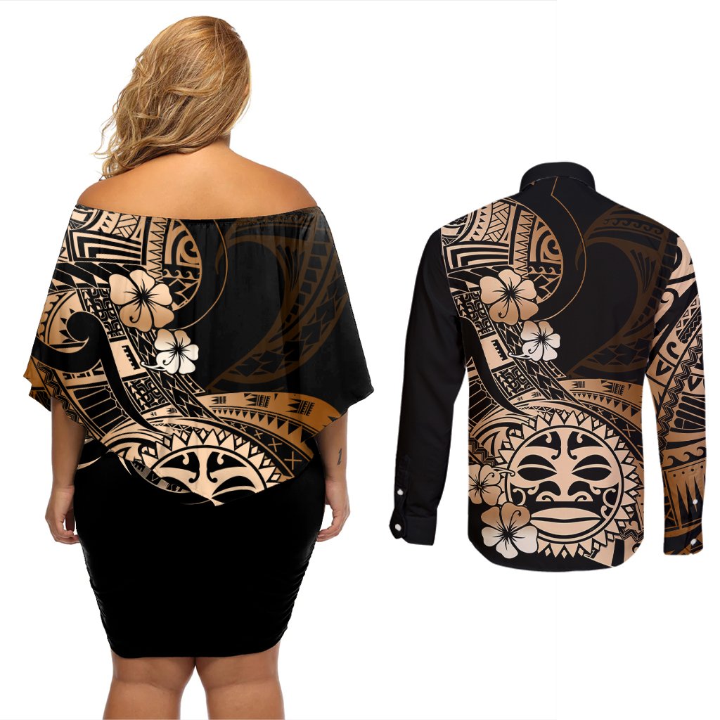 Aotearoa Kia Ora New Zealand Ta Moko Gold Version Couples Matching Off Shoulder Short Dress and Long Sleeve Button Shirt LT01 - Polynesian Pride