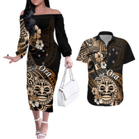 Aotearoa Kia Ora New Zealand Ta Moko Gold Version Couples Matching Off The Shoulder Long Sleeve Dress and Hawaiian Shirt LT01 Gold - Polynesian Pride
