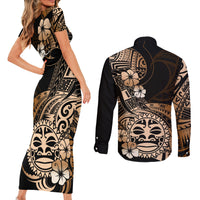 Aotearoa Kia Ora New Zealand Ta Moko Gold Version Couples Matching Short Sleeve Bodycon Dress and Long Sleeve Button Shirt LT01 - Polynesian Pride