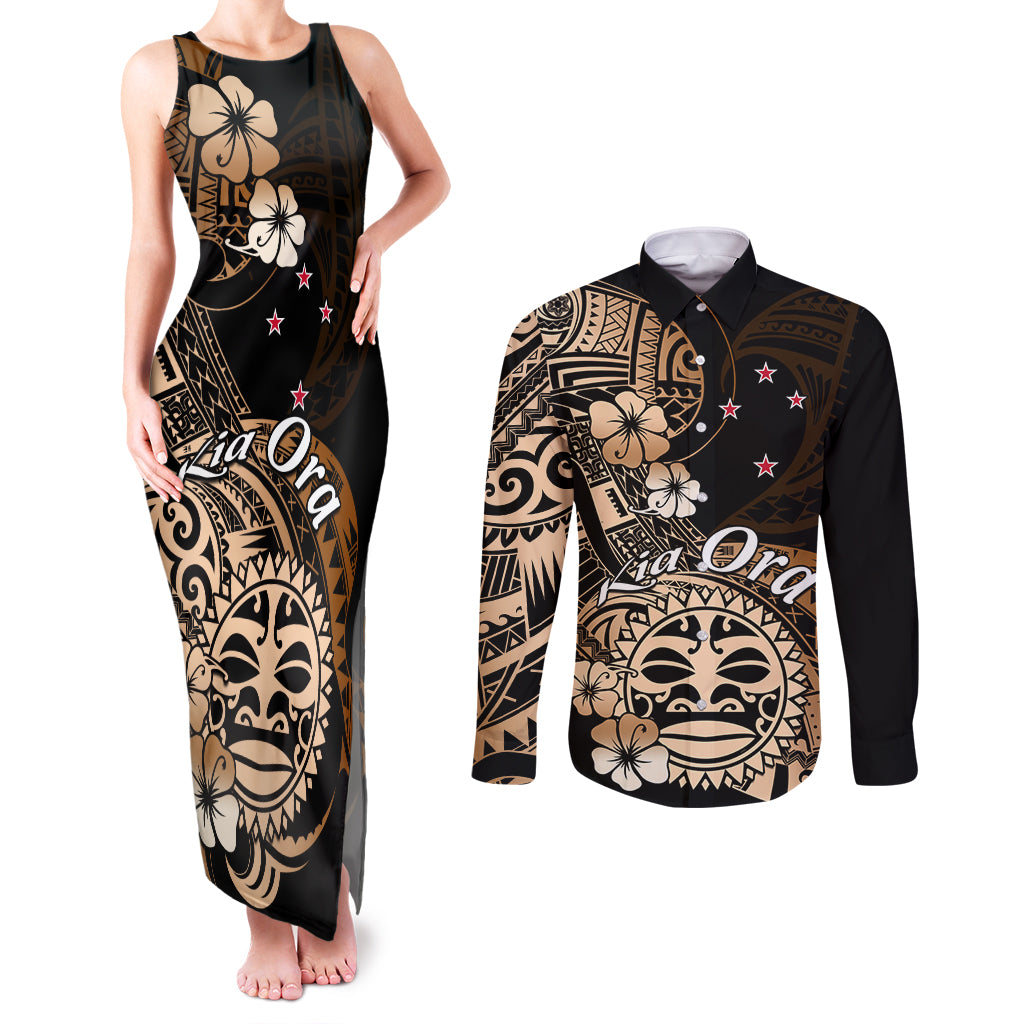 Aotearoa Kia Ora New Zealand Ta Moko Gold Version Couples Matching Tank Maxi Dress and Long Sleeve Button Shirt LT01 Gold - Polynesian Pride