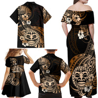 Aotearoa Kia Ora New Zealand Ta Moko Gold Version Family Matching Off Shoulder Maxi Dress and Hawaiian Shirt LT01 - Polynesian Pride