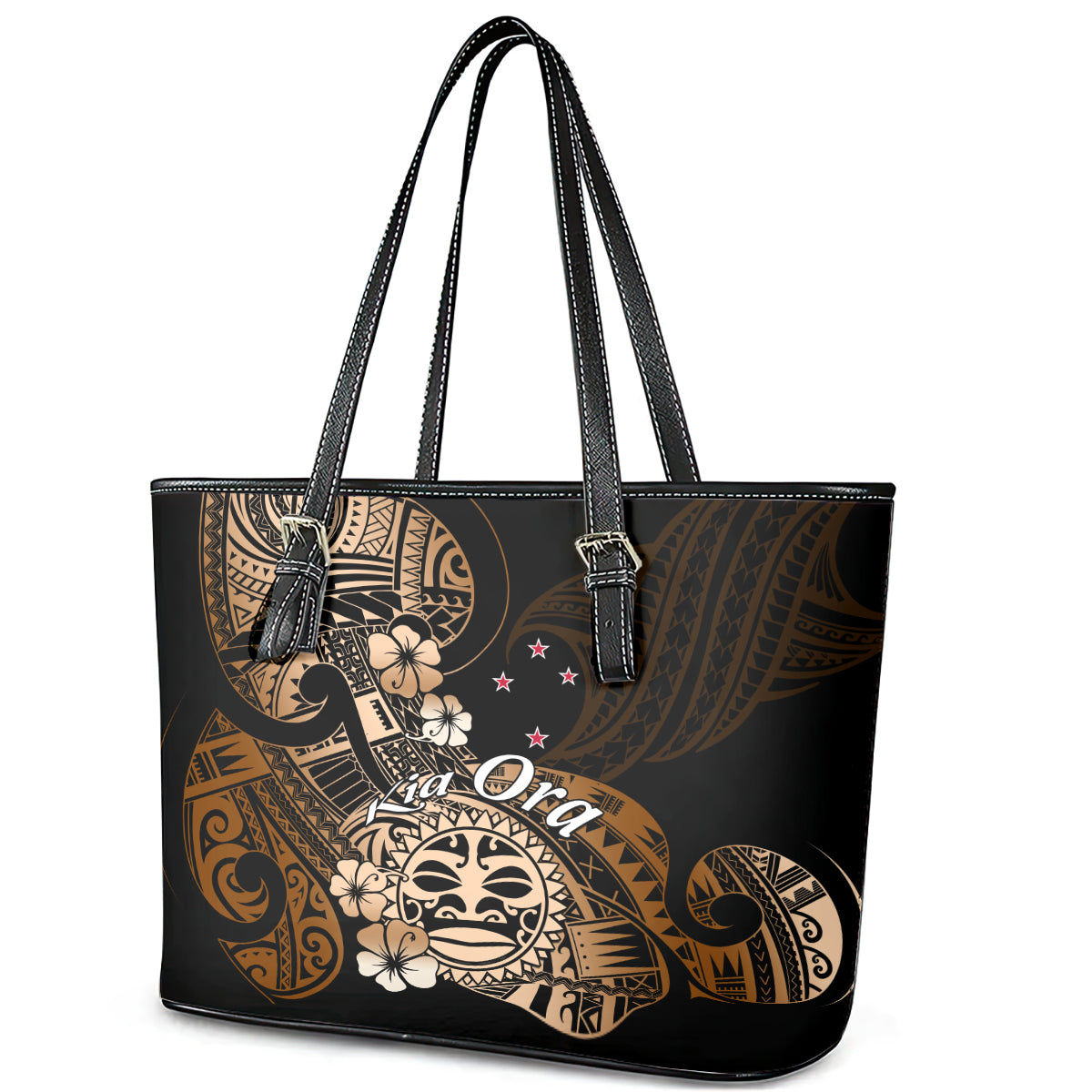 Aotearoa Kia Ora New Zealand Ta Moko Gold Version Leather Tote Bag LT01 - Polynesian Pride