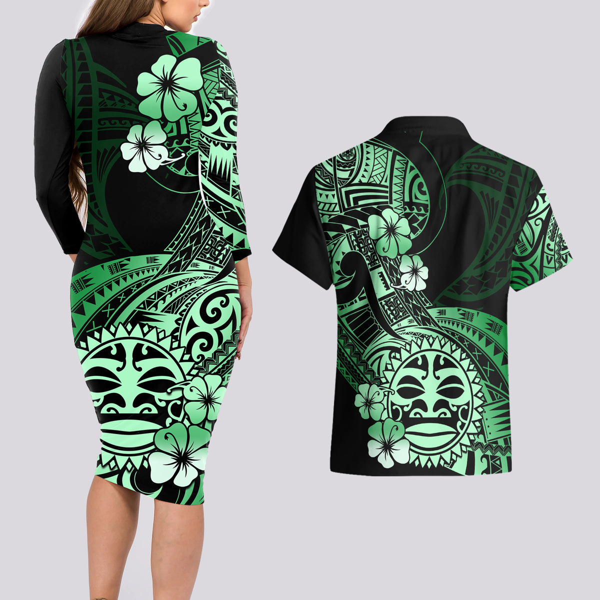 Aotearoa Kia Ora New Zealand Ta Moko Green Version Couples Matching Long Sleeve Bodycon Dress and Hawaiian Shirt LT01 - Polynesian Pride