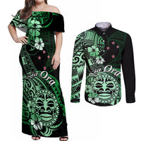 Aotearoa Kia Ora New Zealand Ta Moko Green Version Couples Matching Off Shoulder Maxi Dress and Long Sleeve Button Shirt LT01 Green - Polynesian Pride