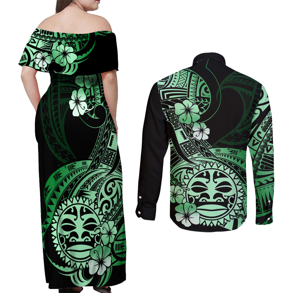 Aotearoa Kia Ora New Zealand Ta Moko Green Version Couples Matching Off Shoulder Maxi Dress and Long Sleeve Button Shirt LT01 - Polynesian Pride