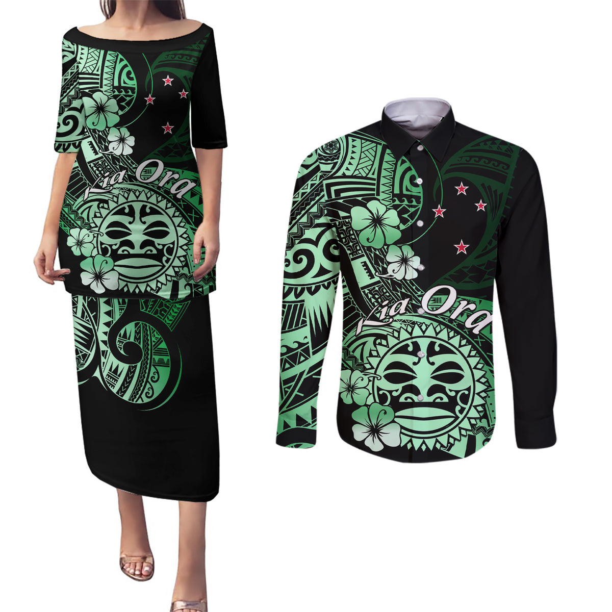 Aotearoa Kia Ora New Zealand Ta Moko Green Version Couples Matching Puletasi Dress and Long Sleeve Button Shirt LT01 Green - Polynesian Pride