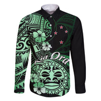 Aotearoa Kia Ora New Zealand Ta Moko Green Version Family Matching Off Shoulder Maxi Dress and Hawaiian Shirt LT01 Dad's Shirt - Long Sleeve Green - Polynesian Pride