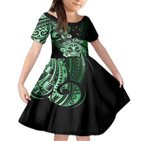 Aotearoa Kia Ora New Zealand Ta Moko Green Version Family Matching Off Shoulder Short Dress and Hawaiian Shirt LT01 Daughter's Dress Green - Polynesian Pride