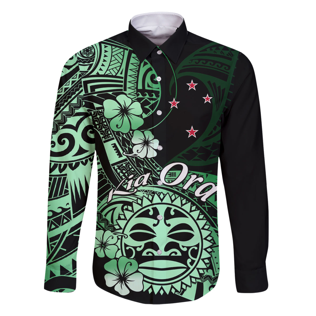 Aotearoa Kia Ora New Zealand Ta Moko Green Version Family Matching Off Shoulder Short Dress and Hawaiian Shirt LT01 Dad's Shirt - Long Sleeve Green - Polynesian Pride