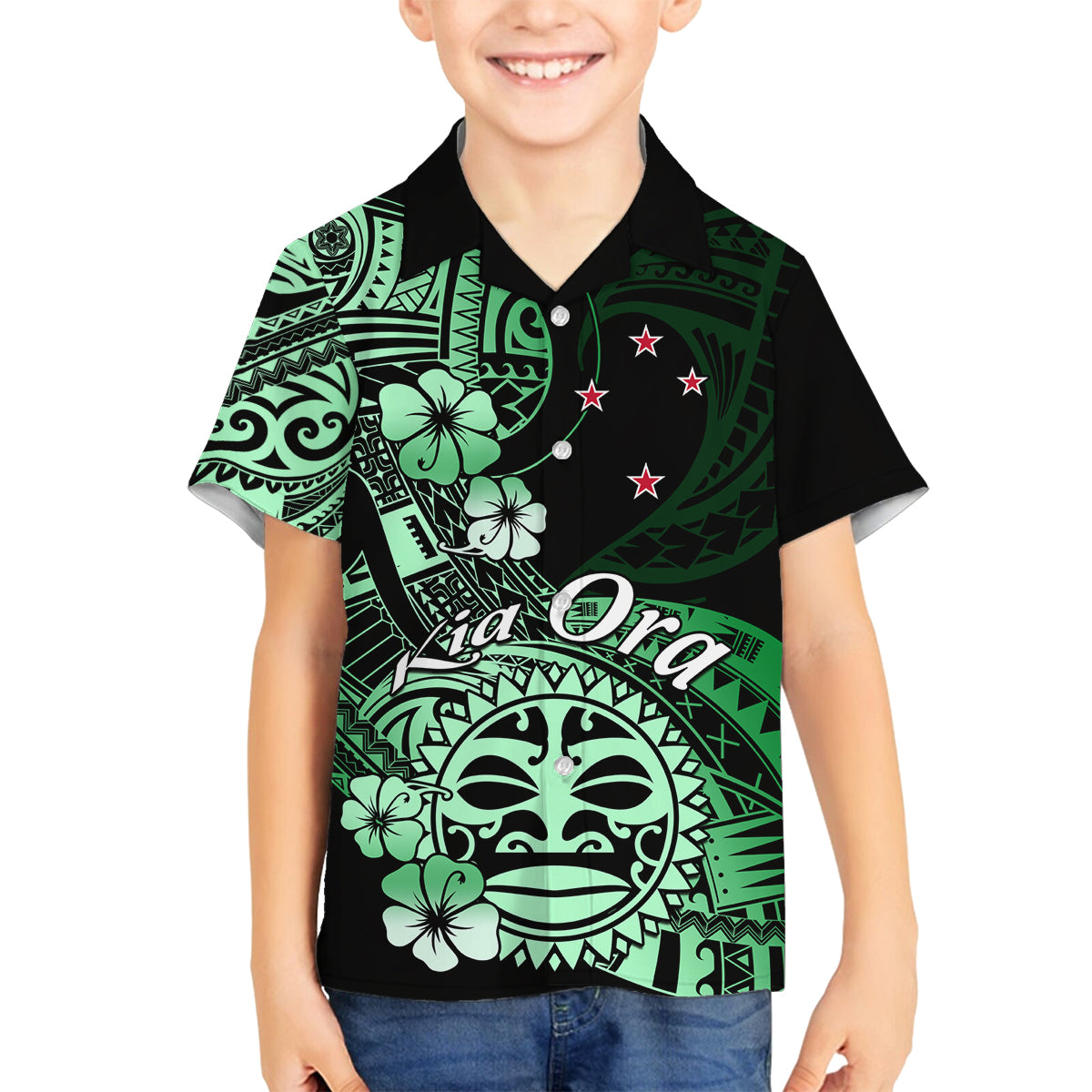 Aotearoa Kia Ora New Zealand Ta Moko Green Version Family Matching Off Shoulder Short Dress and Hawaiian Shirt LT01 Son's Shirt Green - Polynesian Pride