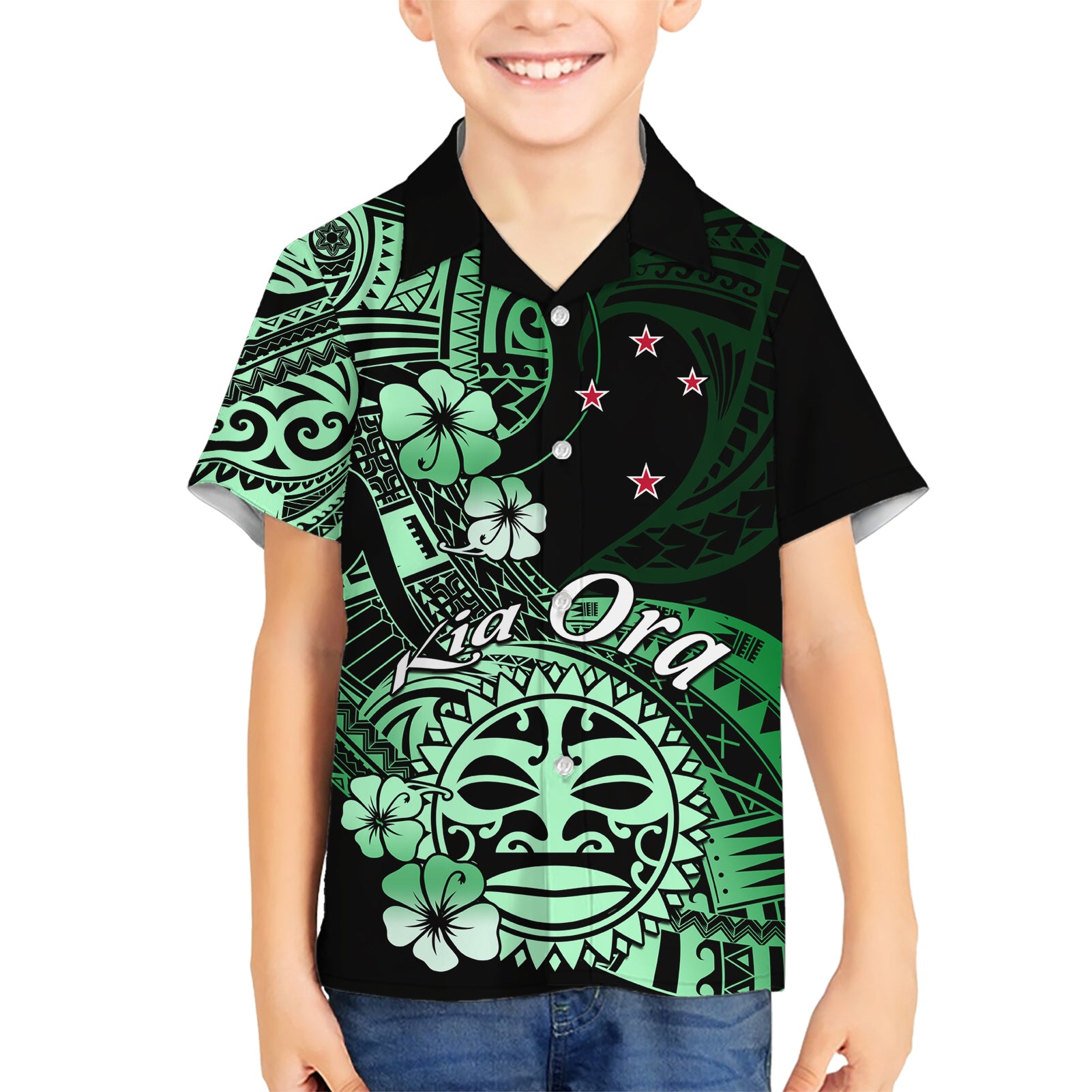 Aotearoa Kia Ora New Zealand Ta Moko Green Version Kid Hawaiian Shirt LT01 Kid Green - Polynesian Pride