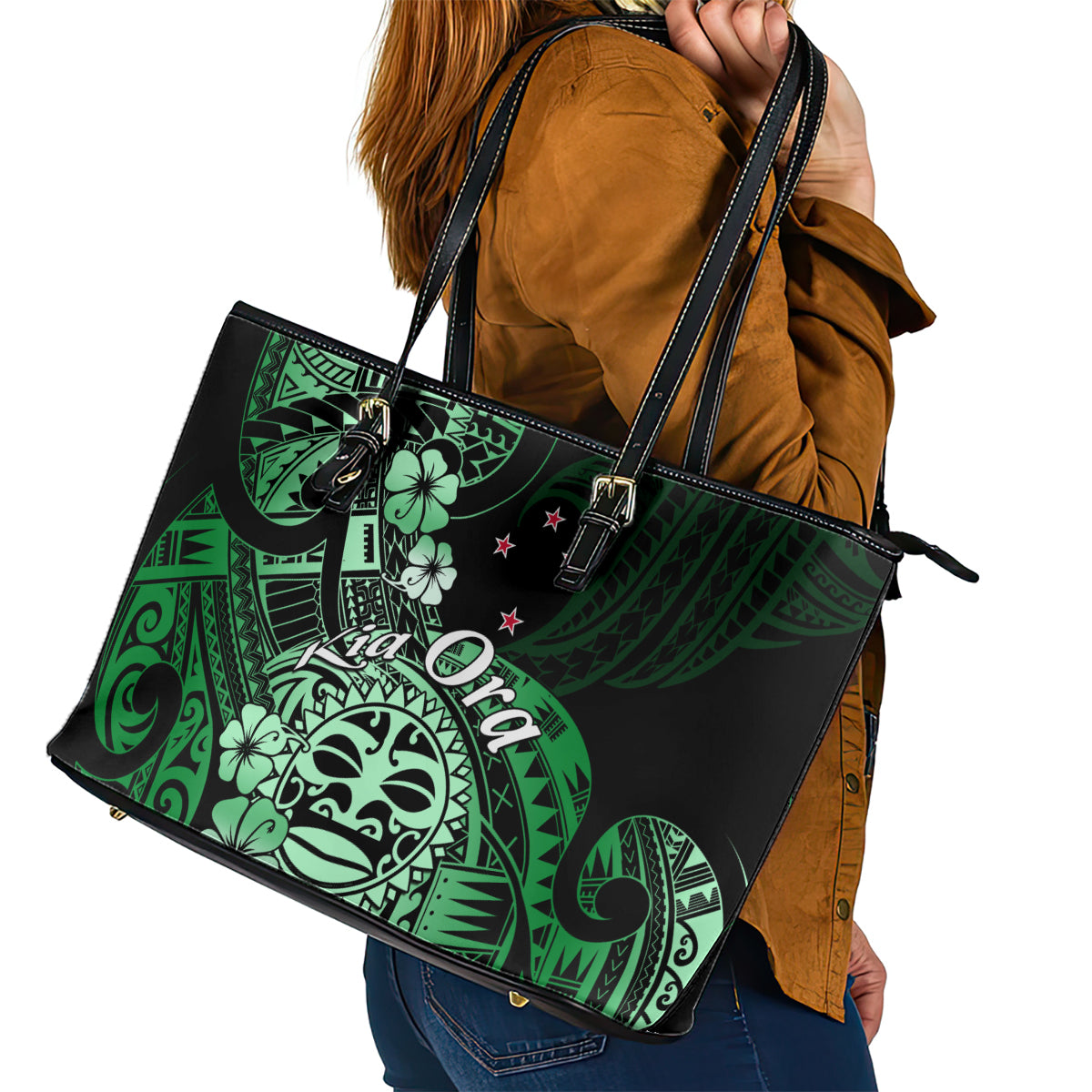 Aotearoa Kia Ora New Zealand Ta Moko Green Version Leather Tote Bag LT01 - Polynesian Pride