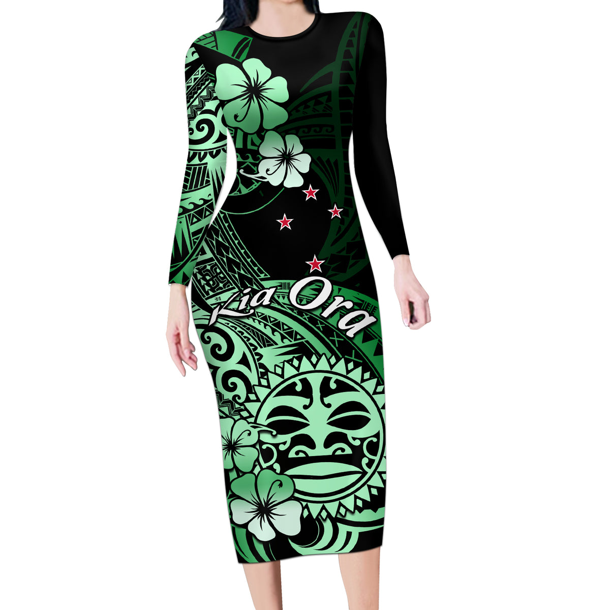 Aotearoa Kia Ora New Zealand Ta Moko Green Version Long Sleeve Bodycon Dress LT01 Long Dress Green - Polynesian Pride