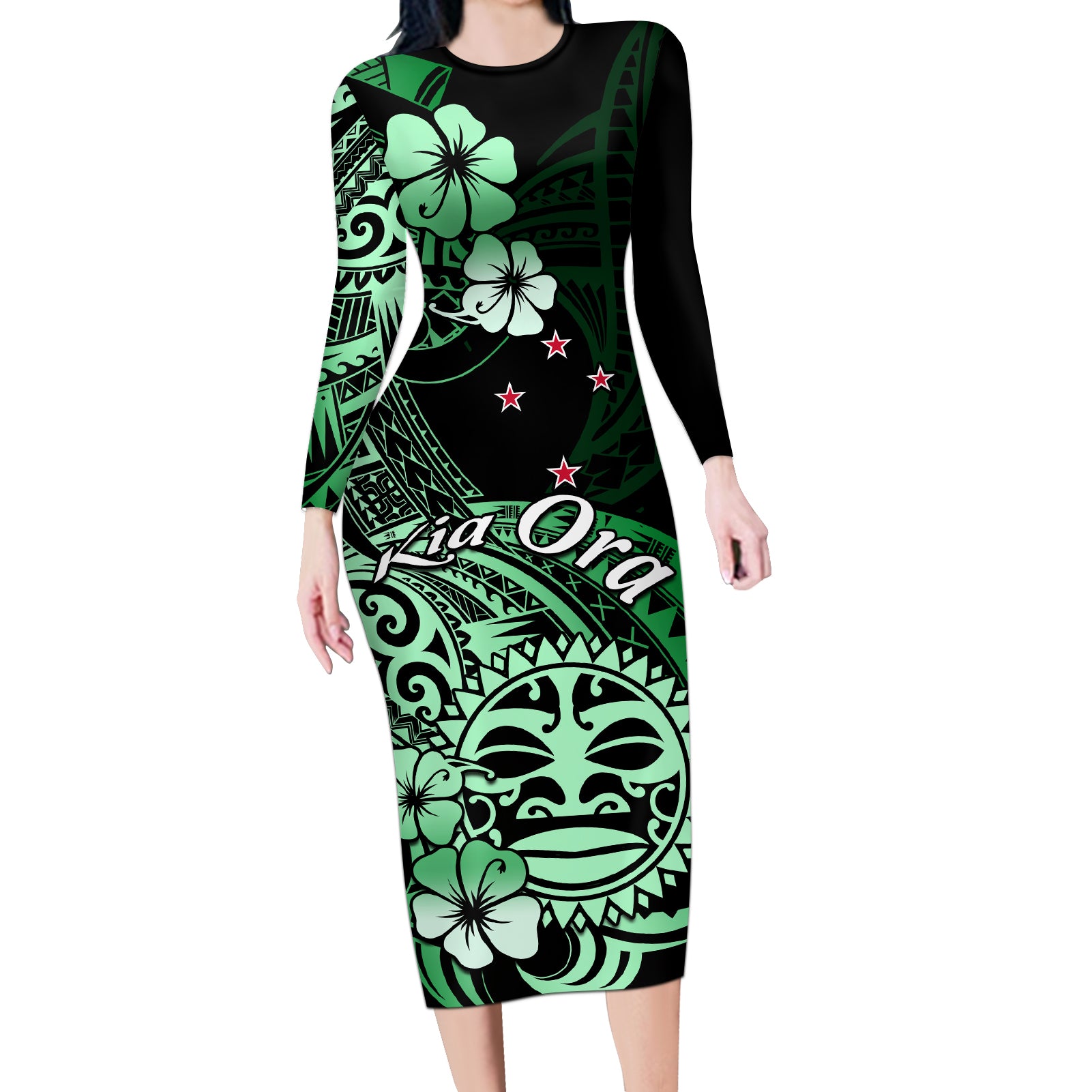 Aotearoa Kia Ora New Zealand Ta Moko Green Version Long Sleeve Bodycon Dress LT01 Long Dress Green - Polynesian Pride