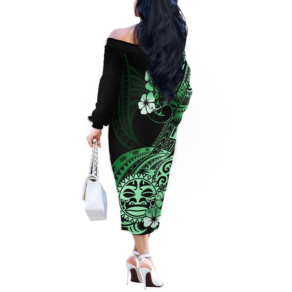 Aotearoa Kia Ora New Zealand Ta Moko Green Version Off The Shoulder Long Sleeve Dress LT01 - Polynesian Pride