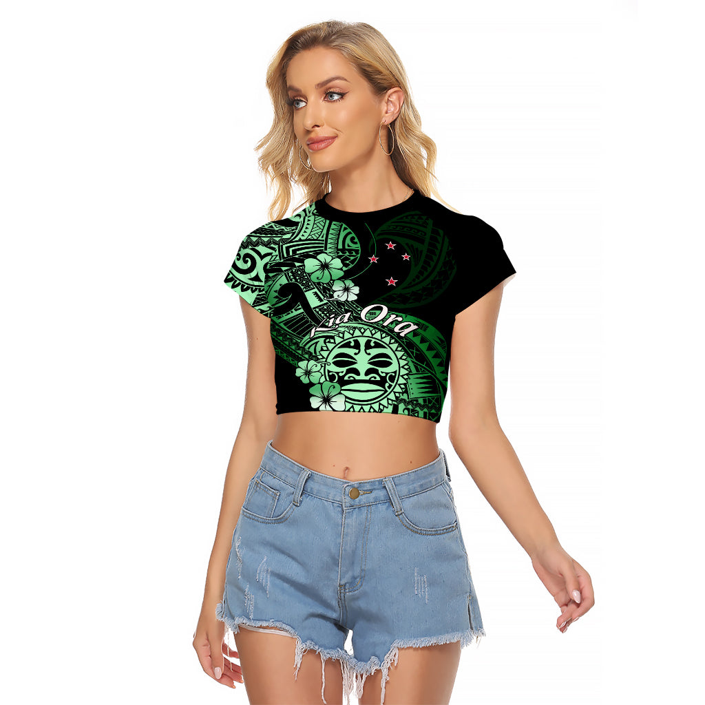 Aotearoa Kia Ora New Zealand Ta Moko Green Version Raglan Cropped T Shirt LT01 Female Green - Polynesian Pride
