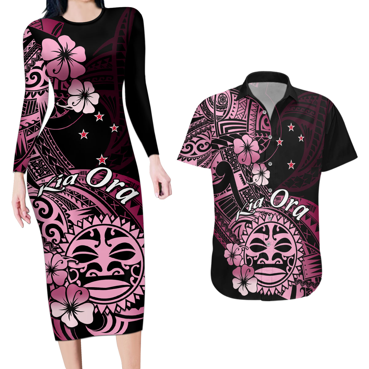 Aotearoa Kia Ora New Zealand Ta Moko Pink Version Couples Matching Long Sleeve Bodycon Dress and Hawaiian Shirt LT01 Pink - Polynesian Pride