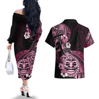 Aotearoa Kia Ora New Zealand Ta Moko Pink Version Couples Matching Off The Shoulder Long Sleeve Dress and Hawaiian Shirt LT01 - Polynesian Pride