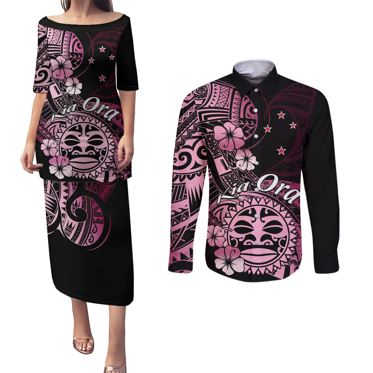 Aotearoa Kia Ora New Zealand Ta Moko Pink Version Couples Matching Puletasi Dress and Long Sleeve Button Shirt LT01 Pink - Polynesian Pride