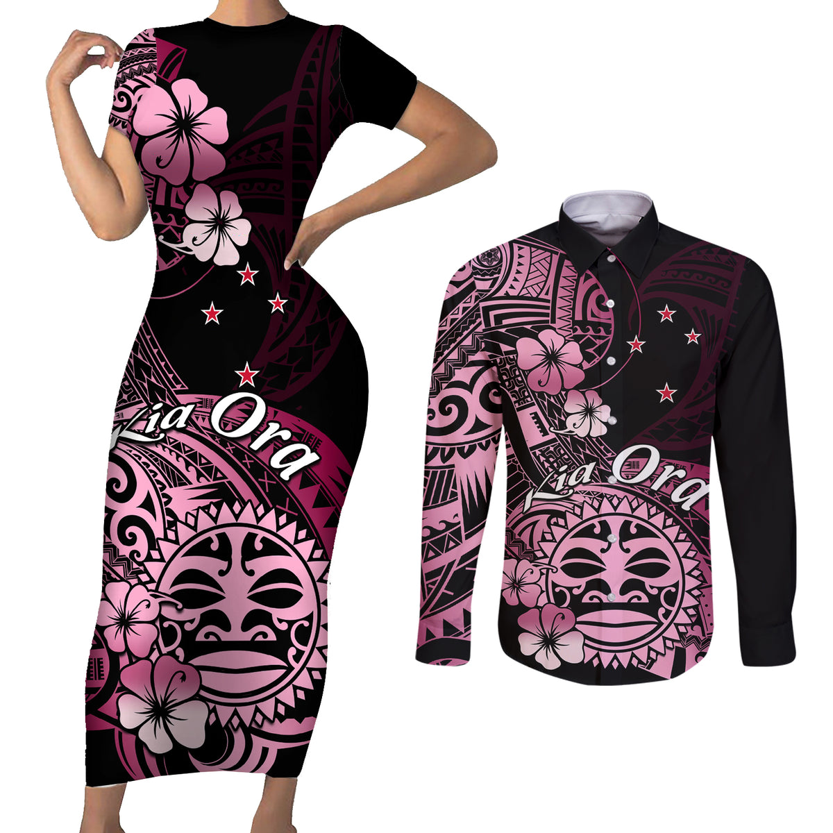 Aotearoa Kia Ora New Zealand Ta Moko Pink Version Couples Matching Short Sleeve Bodycon Dress and Long Sleeve Button Shirt LT01 Pink - Polynesian Pride