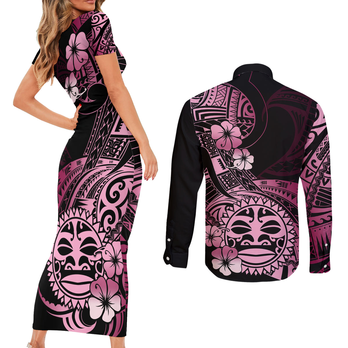 Aotearoa Kia Ora New Zealand Ta Moko Pink Version Couples Matching Short Sleeve Bodycon Dress and Long Sleeve Button Shirt LT01 - Polynesian Pride